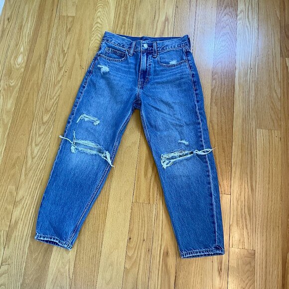Gap Jeans Barrel Leg High Rise Medium Distressed Wash Cropped Petite 2022 (24P) - Picture 1 of 8